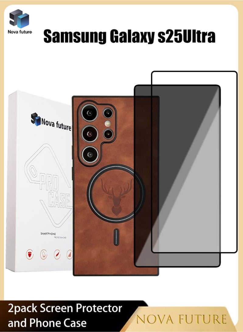 Nova future 2+1 Samsung S25 Ultra Protection Kit,includes phone case 【Brown】【MagaSafe compatible】【Soft Faux Leather】+privacy screen protector+HD screen protector 【28° privacy protection】【 fingerprint unlock】 - Image 1